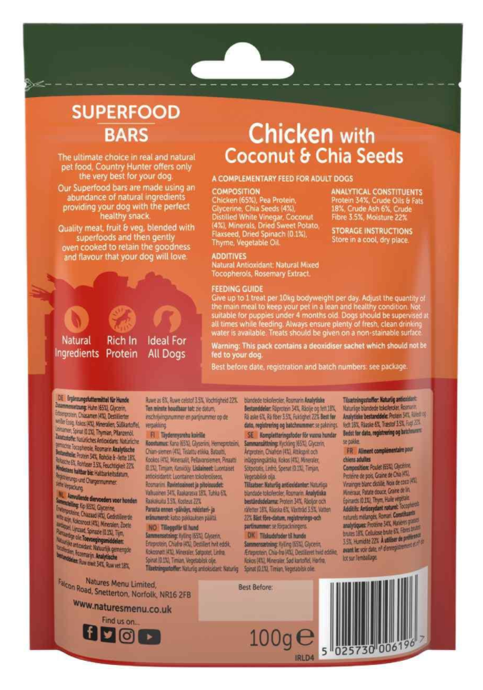 Natures Menu Country Hunter Superfood Bar Chicken with Coconut & Chia Seeds 100g